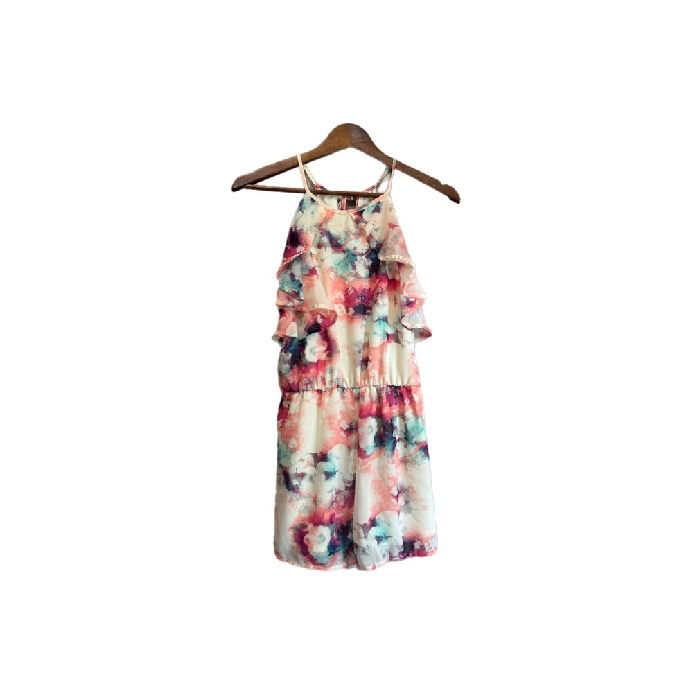 Peach Love California Floral Romper Womens Small Pink Teal Excellent Ruffle Boho